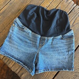 Isabel Maternity Midi Short Denim Shorts with Navy Stretch Waistband - Size 10